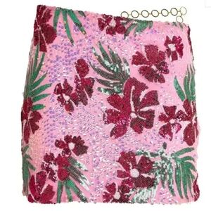 Maje Floral Sequined Stretch Short Skirt With Chain Detail XL